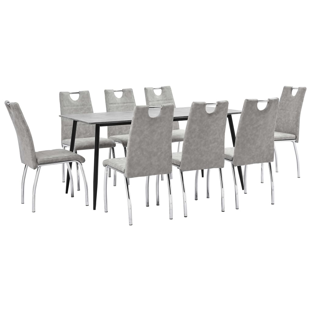 Set mobilier de bucatarie cu 1 masa si 8 scaune cu maner tapitate cu piele ecologica, vidaXL, Piele artificiala, 45 x 60 x 94 cm, Gri deschis