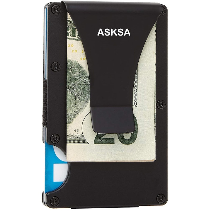 Alumínium vékony pénztárca, ASKSA, kártyákhoz és készpénzhez, Unisex, RFID védelem, Fekete