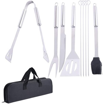 Set de ustensile pentru gratar, ASKSA, 9 piese, Otel inoxidabil, Geanta de depozitare, Negru/Argintiu Set de ustensile pentru gratar, ASKSA, 9 piese, Otel inoxidabil, Geanta de depozitare, Negru/Argintiu