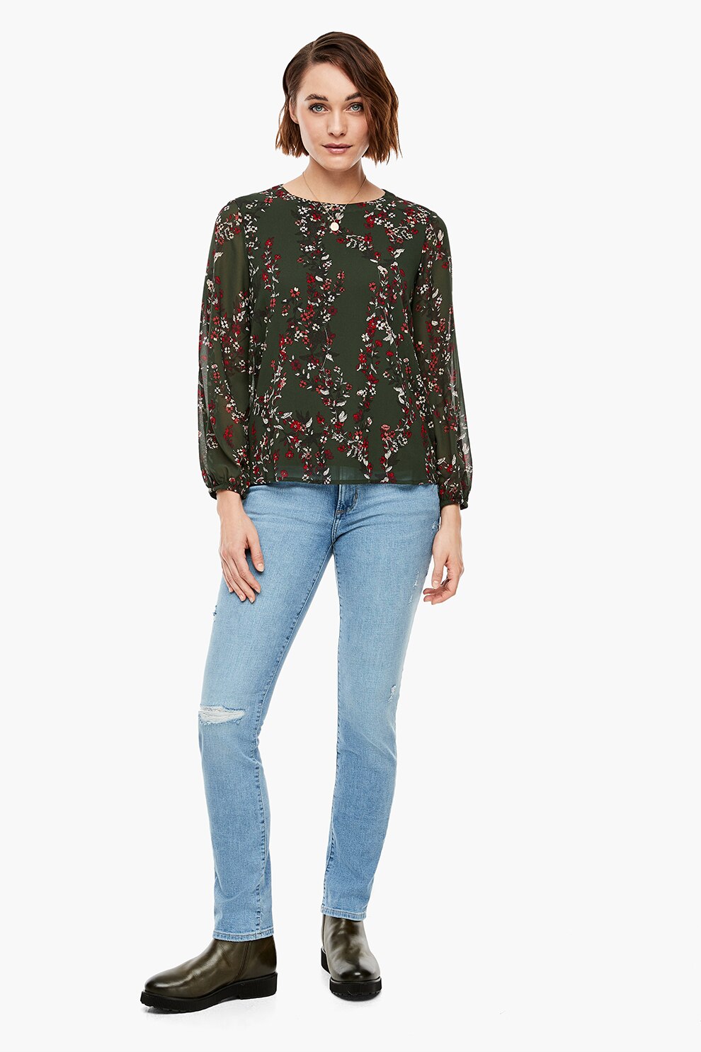 s.Oliver, Bluza cu imprimeu floral si maneci semitransparente, Verde militar/Rosu/Alb, S