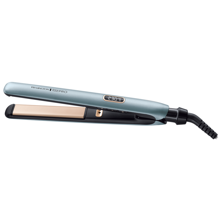 Remington Shine Therapy PRO S9300 преса за коса, керамично покритие от арганово масло, супер йонна технология, синьо / златисто