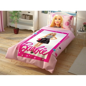 Lenjerie de pat copii TAC Barbie, 100% bumbac ranforce, 3 piese Lenjerie de pat copii TAC Barbie, 100% bumbac ranforce, 3 piese