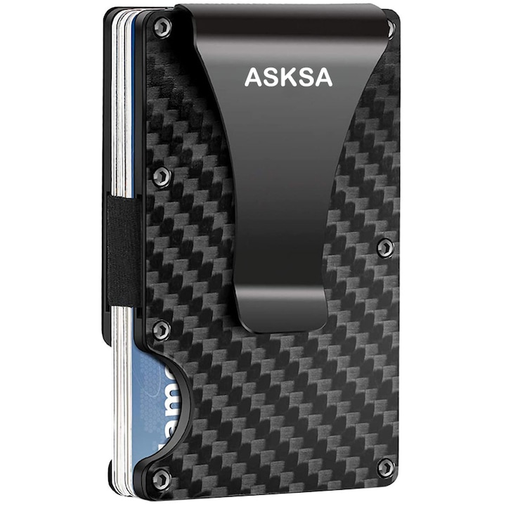 Carbon Fiber Wallet, ASKSA, Minimalista portkártya típus RFID védelemmel, Unisex, Fekete