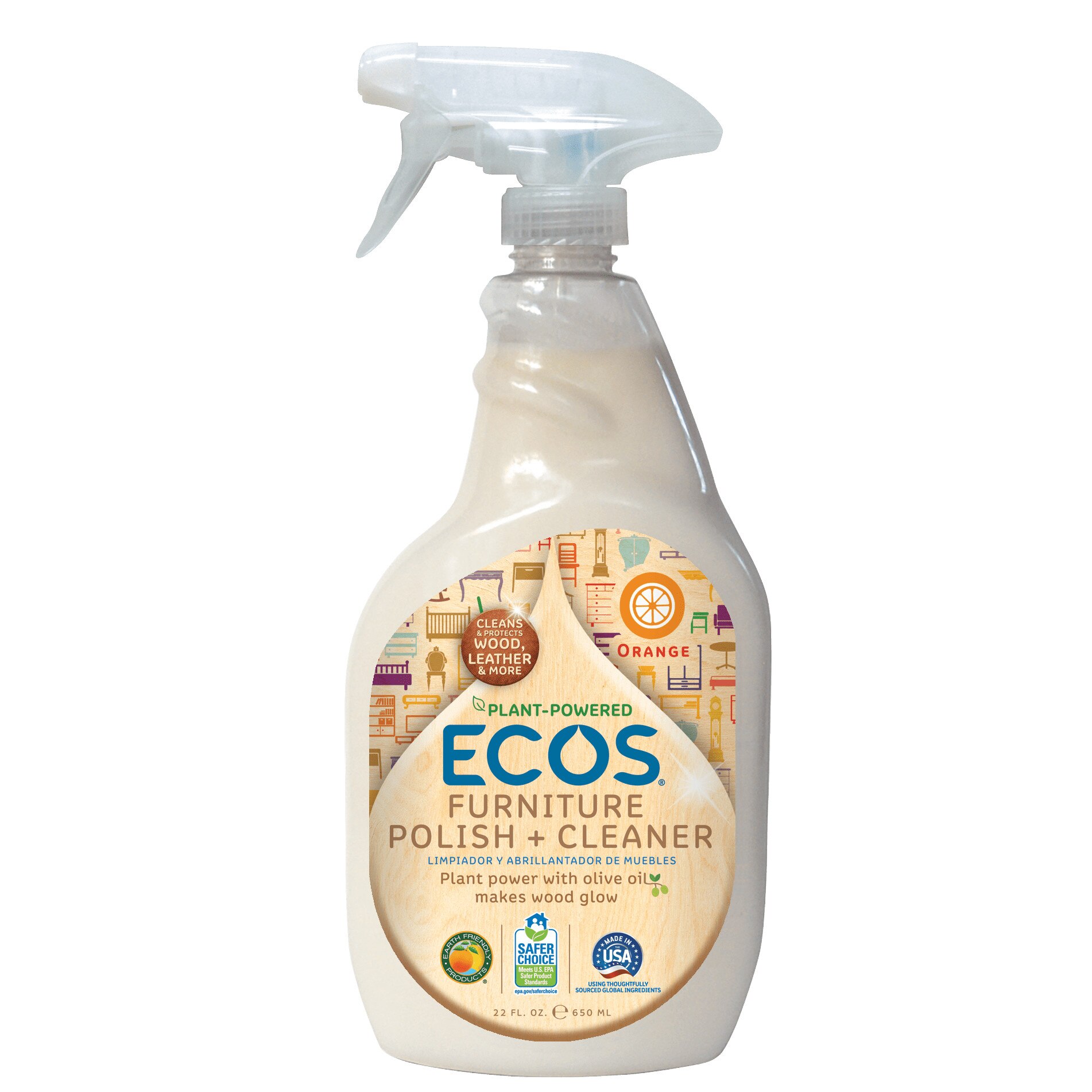 Detergent Sparay Organic pentru Mobilier cu Ulei de Masline, Ecos, aroma de portocale, 650ml