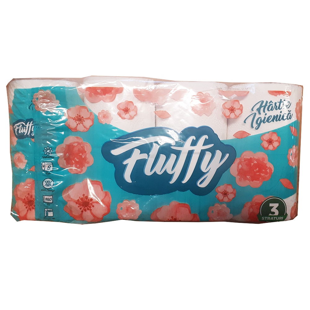 Hartie Igienica Alba FLUFFY, 3 Straturi, 8 Role/Bax, 160 Foi/Rola, 9.5 cm