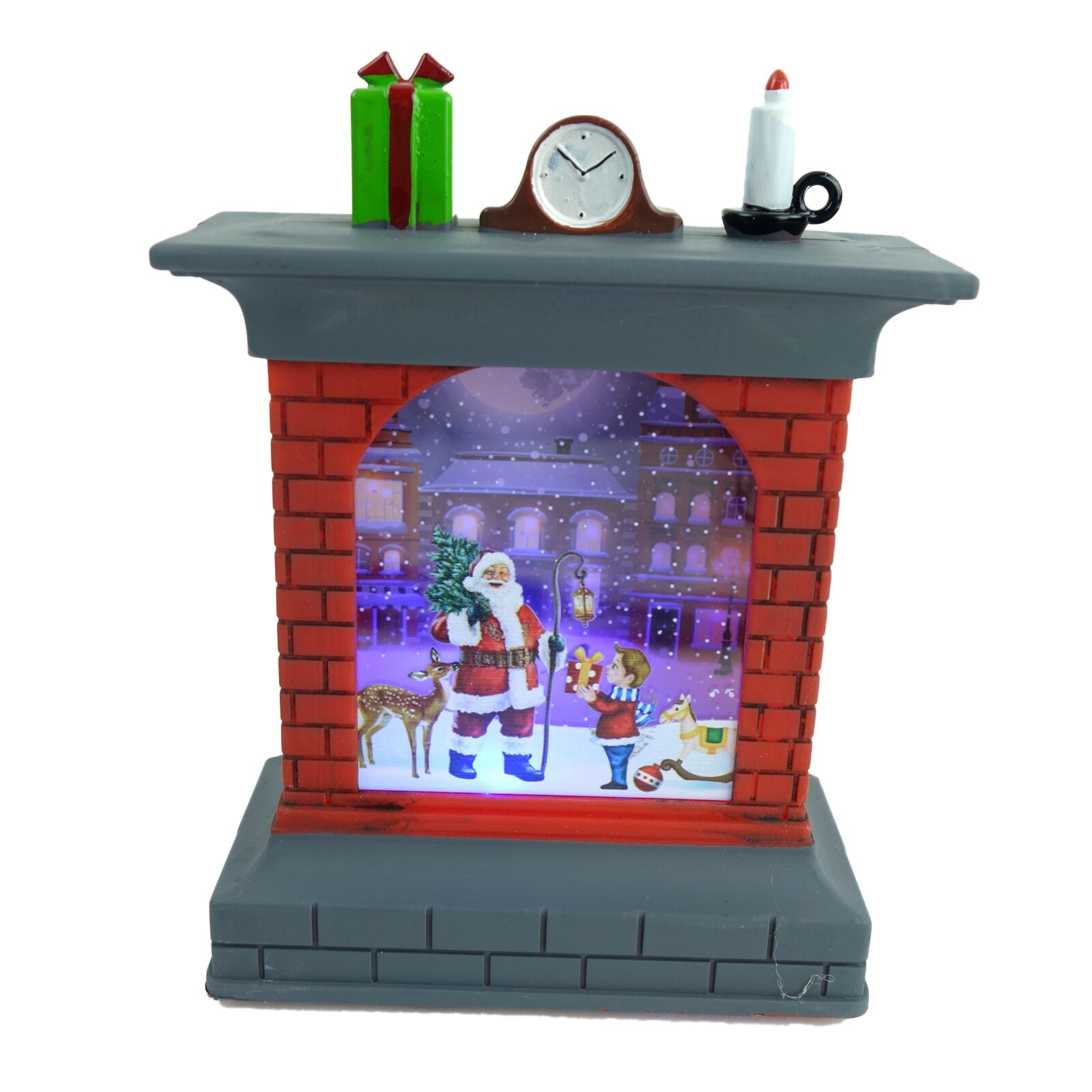 Ornament de Craciun, mini semineu cu led colorat, Mos Craciun, 14 cm
