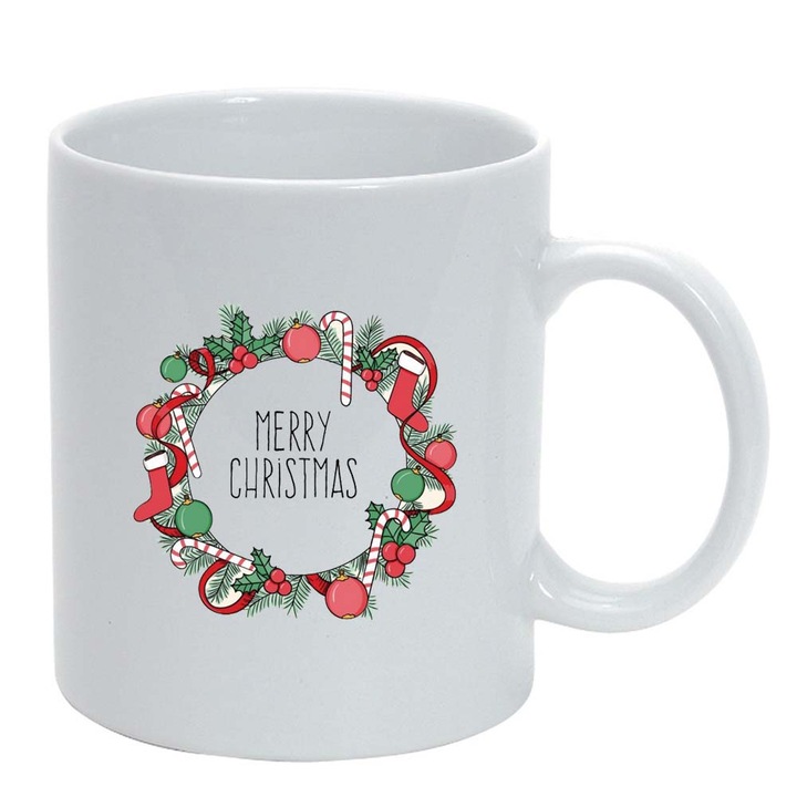 Cana Craciun Fericit / Merry Christmas, alb, 330ml, D1533