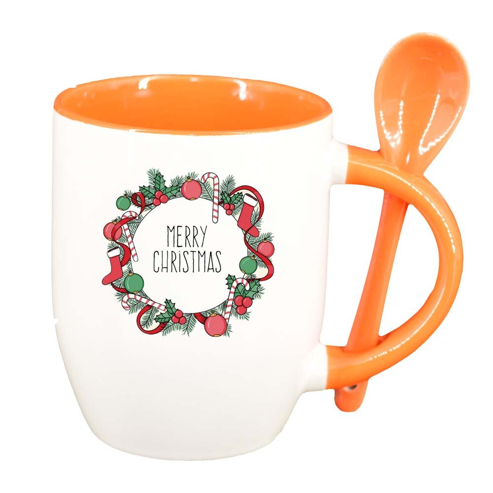 Cana Craciun Fericit / Merry Christmas cu lingurita, interior portocaliu, 330ml, D1533