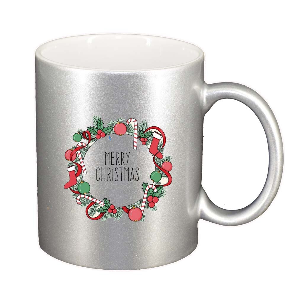 Cana Craciun Fericit / Merry Christmas, argintiu sidefata, 330ml, D1533