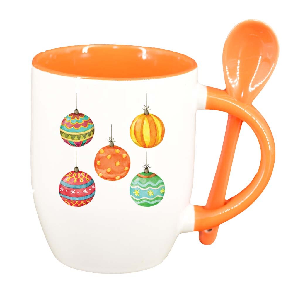 Cana Craciun Fericit / Merry Christmas cu lingurita, interior portocaliu, 330ml, D1531