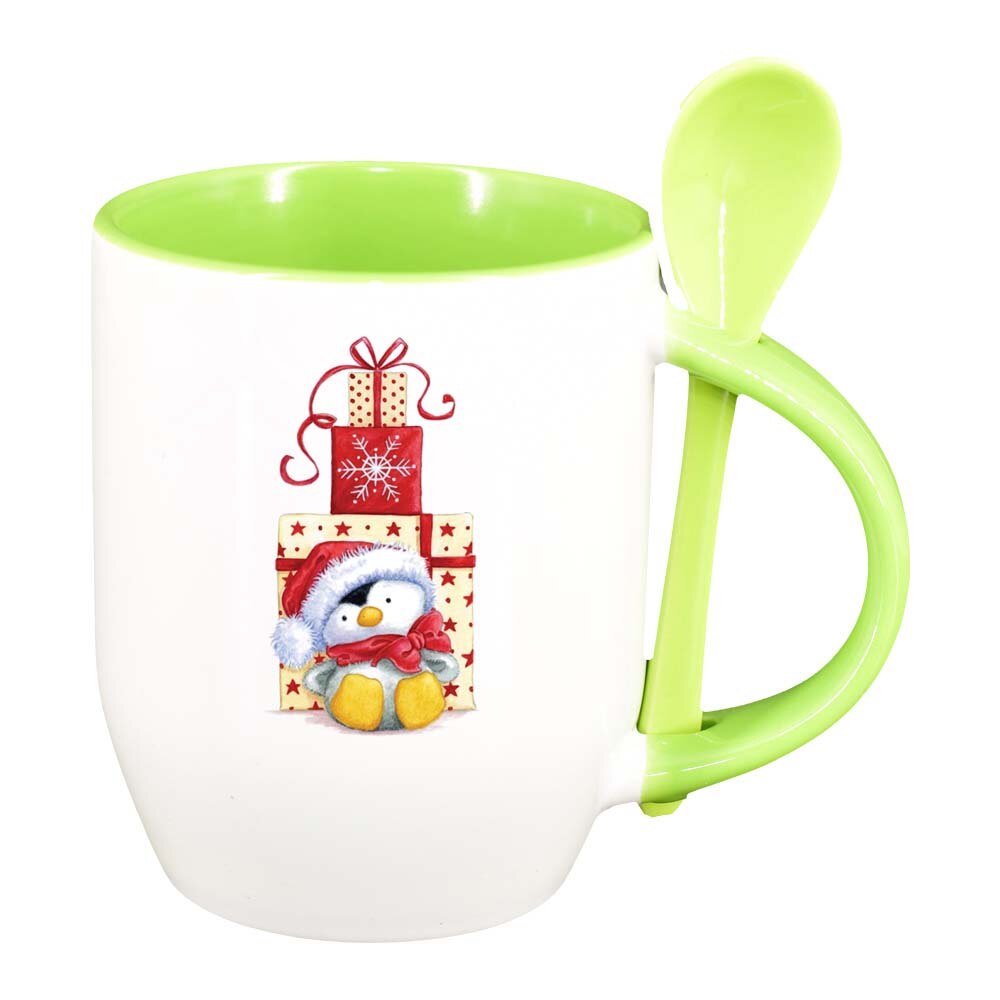 Cana Craciun Fericit / Merry Christmas cu lingurita, interior verde deschis, 330ml, D1529