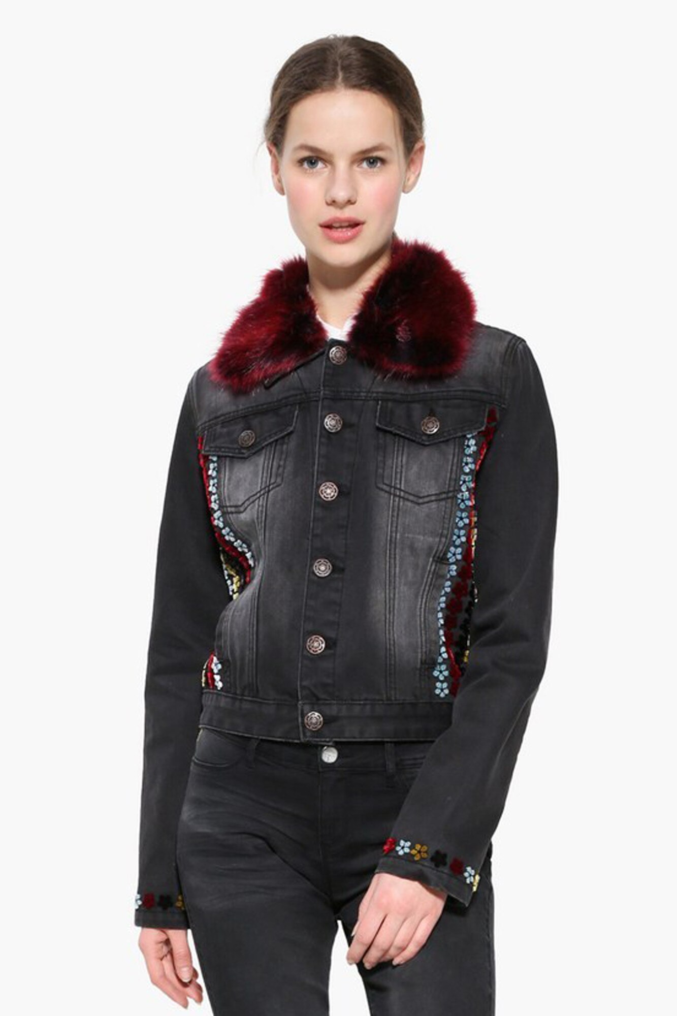 Geaca din denim cu guler de blana, Desigual, Negru