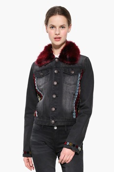 Geaca din denim cu guler de blana, Desigual, Negru Geaca din denim cu guler de blana, Desigual, Negru