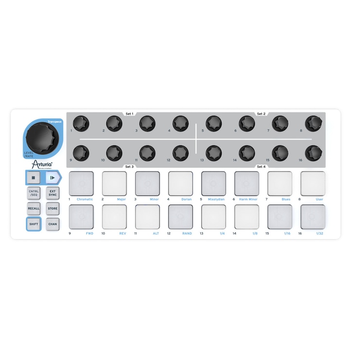 MIDI контролер и секвенсер Arturia BeatStep, 16 стъпков секвенсер, 16 падове с подсветка, 16 енкодера, Включен софтуер, Бял