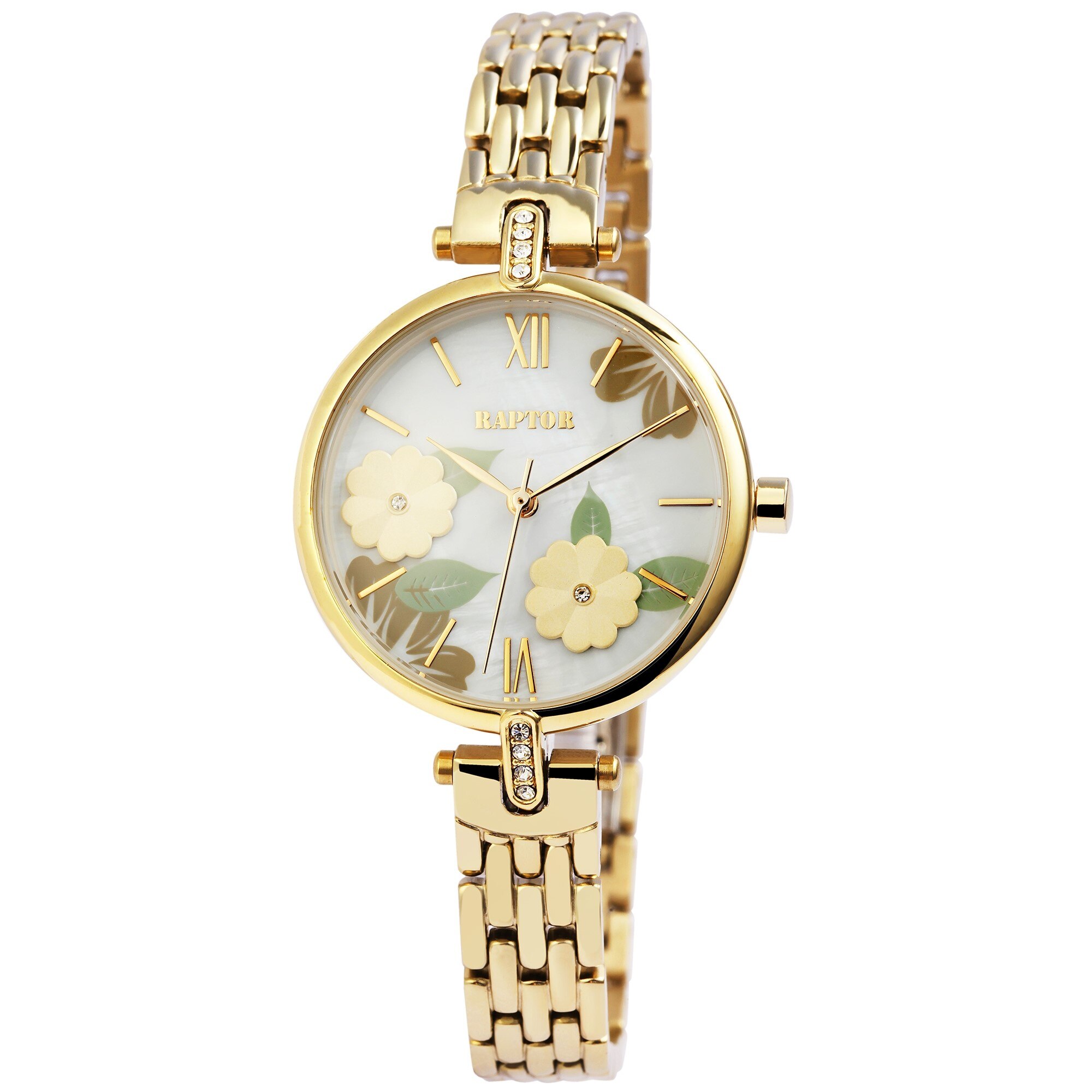 Ceas dama, Raptor, auriu, model floral, cadran bicolor, bratara inox aurie