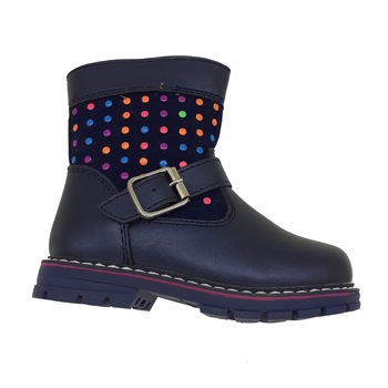 Cizme fete, din piele ecologica imblanite, bleumarin cu buline colorate, marimea 27, lungime talpa 15.5 cm Cizme fete, din piele ecologica imblanite, bleumarin cu buline colorate, marimea 27, lungime talpa 15.5 cm