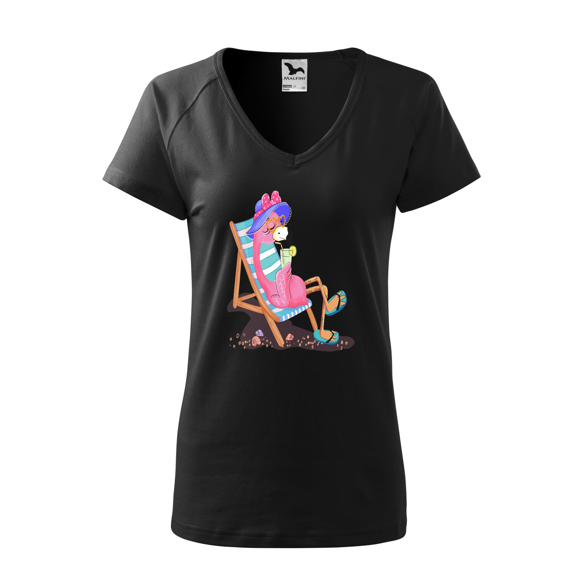 Tricou dama, Malfini, Flamingo on the beach, Negru, S