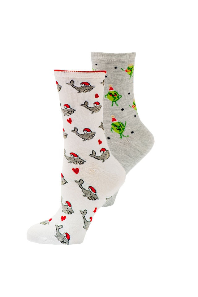 Set 2 sosete dama Serena, culoare alb/gri, imprimeu Merry Christmas, Alb/Gri