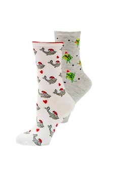 Set 2 sosete dama Serena, culoare alb/gri, imprimeu Merry Christmas, Alb/Gri Set 2 sosete dama Serena, culoare alb/gri, imprimeu Merry Christmas, Alb/Gri