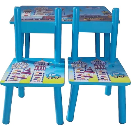 Masuta copii din MDF cu doua scaune Novokids™ My first table, Dimensiuni 59X39X40, Suprafata lucioasa, Model masinute, Albastru