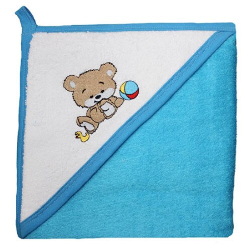 Prosop bumbac, turcoaz inchis, ursulet cu minge, 80 x 100 cm