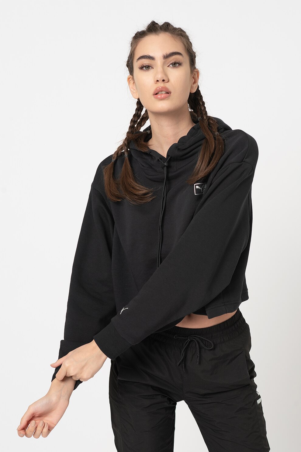 Puma, Hanorac crop cu logo, Negru/Argintiu