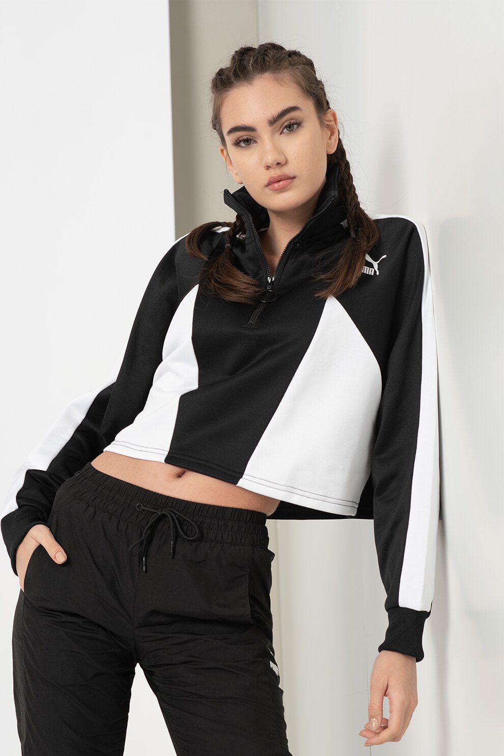 Puma, Bluza sport crop cu fermoar scurt Tailored for Sport, Negru/Alb, XS