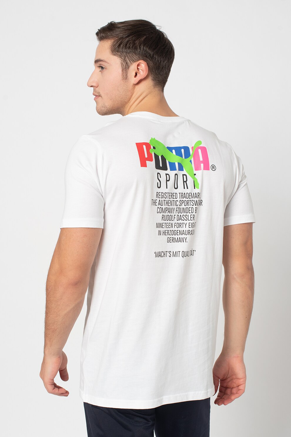 Puma, Tricou cu imprimeu si decolteu la baza gatului, Alb/Roz/Negru