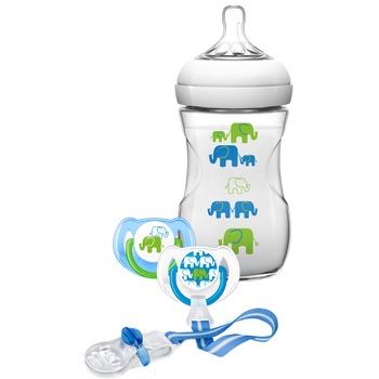 Set cadou Philips Avent Natural: Biberon 260 ml, tetina debit lent, doua suzete, Clema pentru suzeta, Albastru Set cadou Philips Avent Natural: Biberon 260 ml, tetina debit lent, doua suzete, Clema pentru suzeta, Albastru