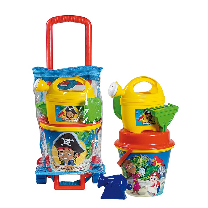 Set jucarii nisip Androni - Aventuri cu pirati, troller cu 6 accesorii, bleu