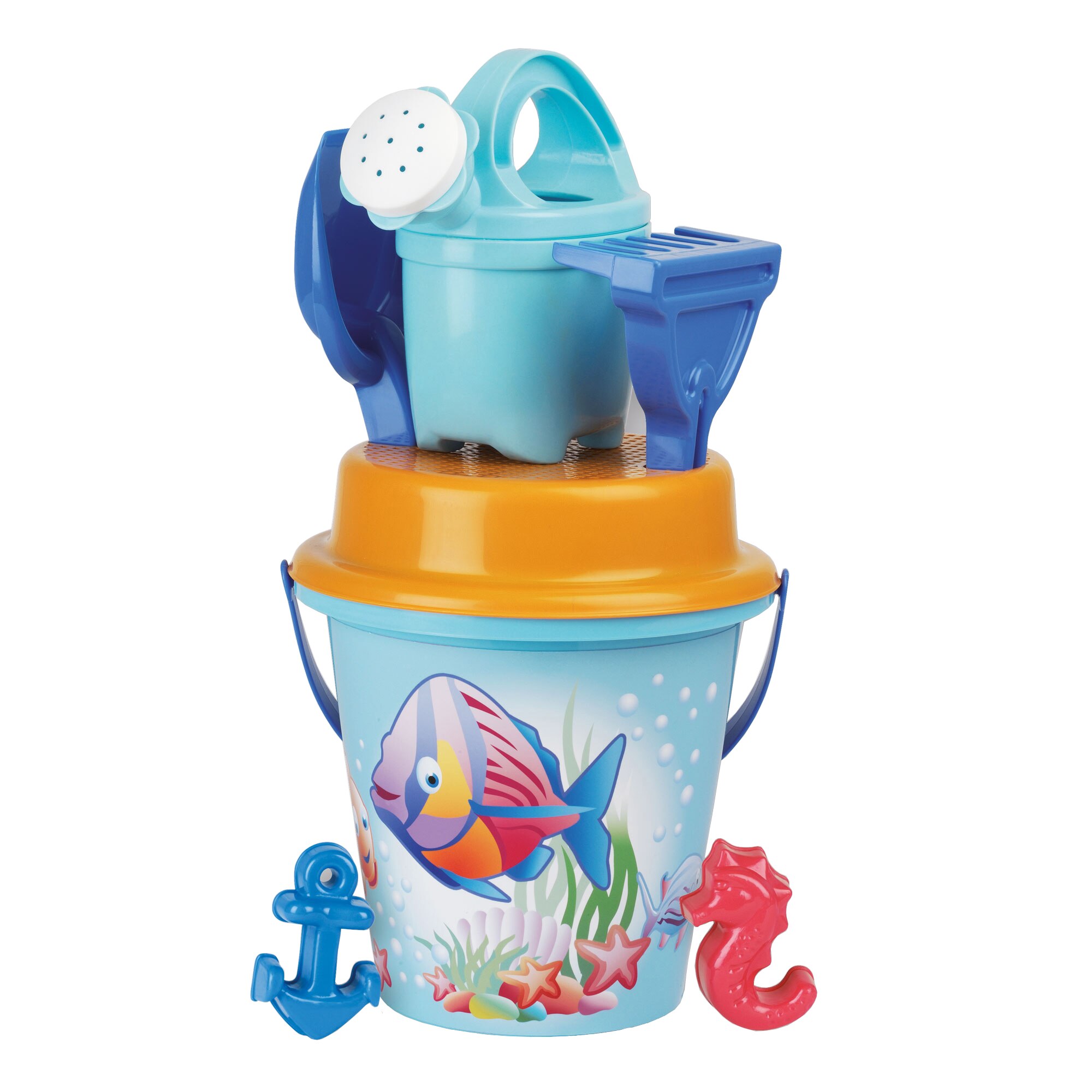 Set Androni, Crazy Fish, Galetusa 17cm cu stropitoare si jucarii pentru nisip