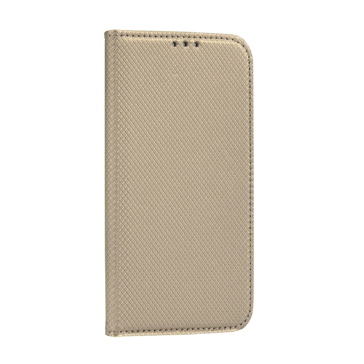 Smart flip Telefontok, mágneses flip zár, oldalra nyíló, bőr hatású - Samsung Galaxy A12, Arany