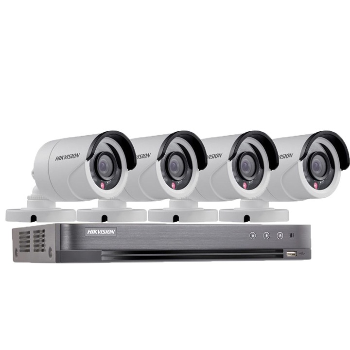 Sistem supraveghere Hikvision 4 camere de exterior PoC, 2MP Full HD 1080P, IR 20M