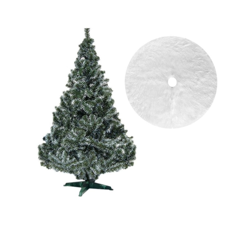 Alaska Zöld Karácsonyfa, Műfenyő, fehér ágvégekkel, 220 cm magasság, Tartóval és kerek szőnyeggel, szőrme utánzat, 122 cm átmérő, fehér szín