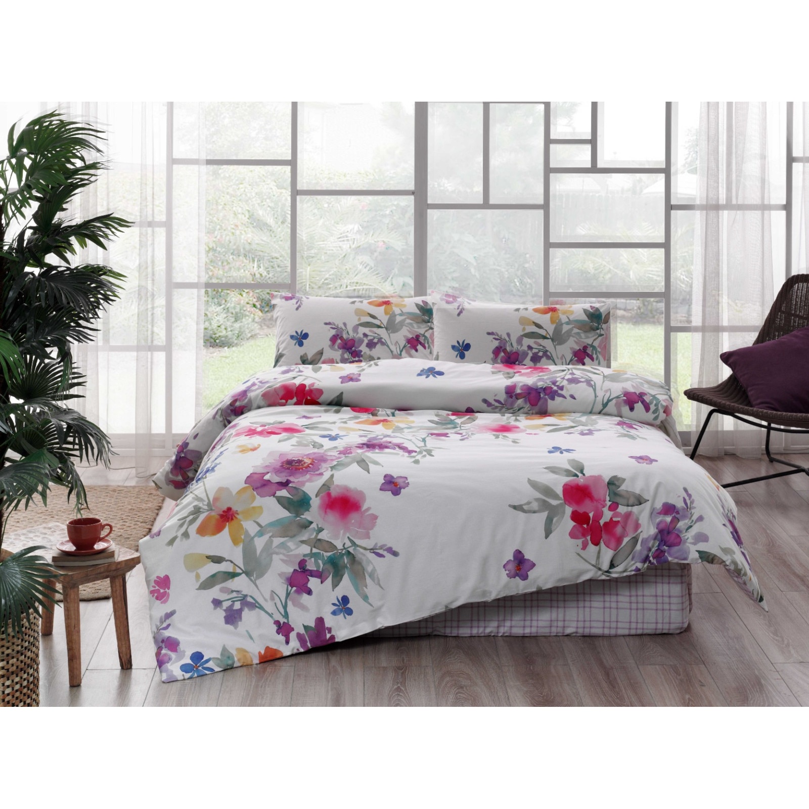 Lenjerie de pat pentru 2 persoane, din bumbac satinat, TAC, Blanche,4 piese
