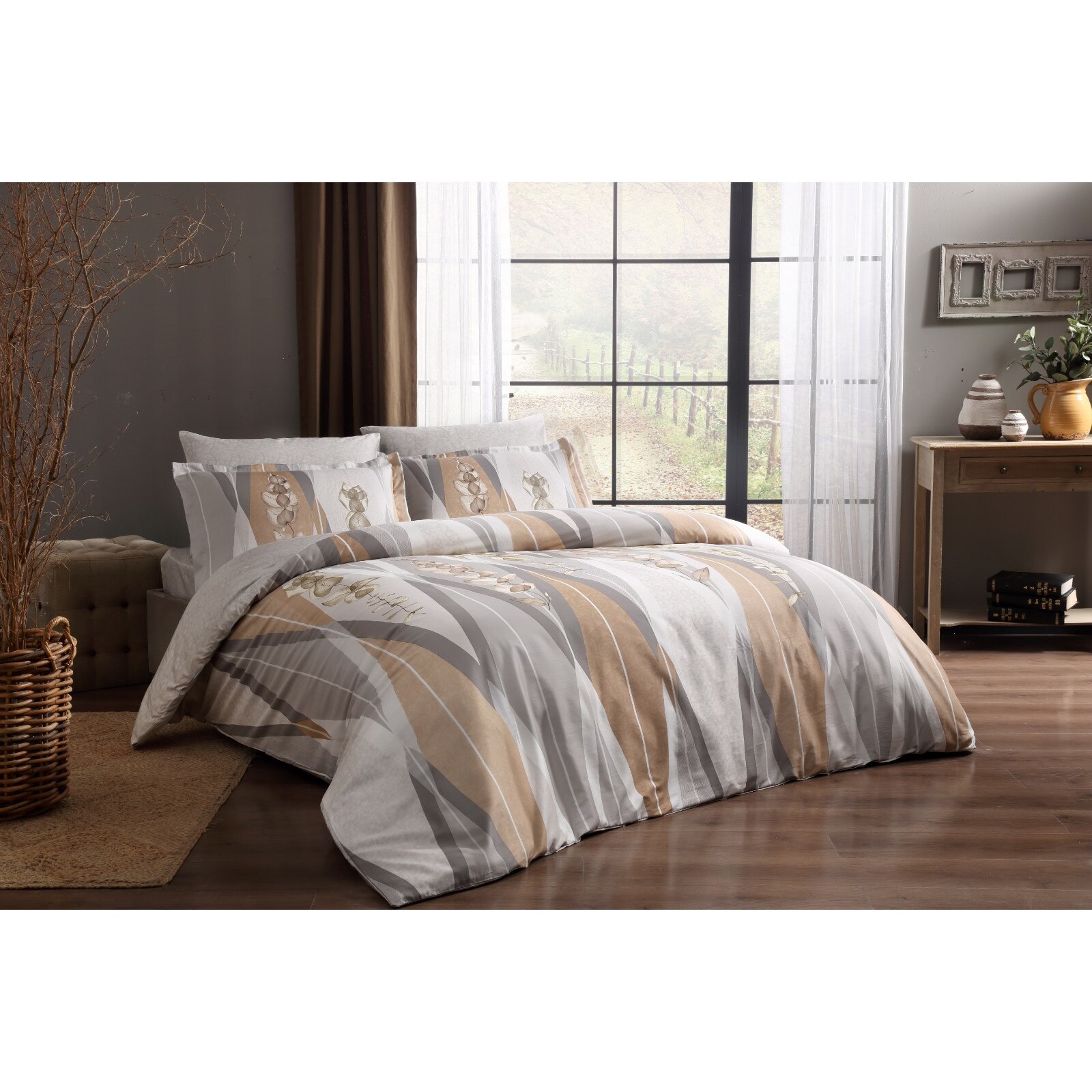 Lenjerie de pat pentru 2 persoane, din bumbac satinat deluxe, Tac, Ladue,6 piese