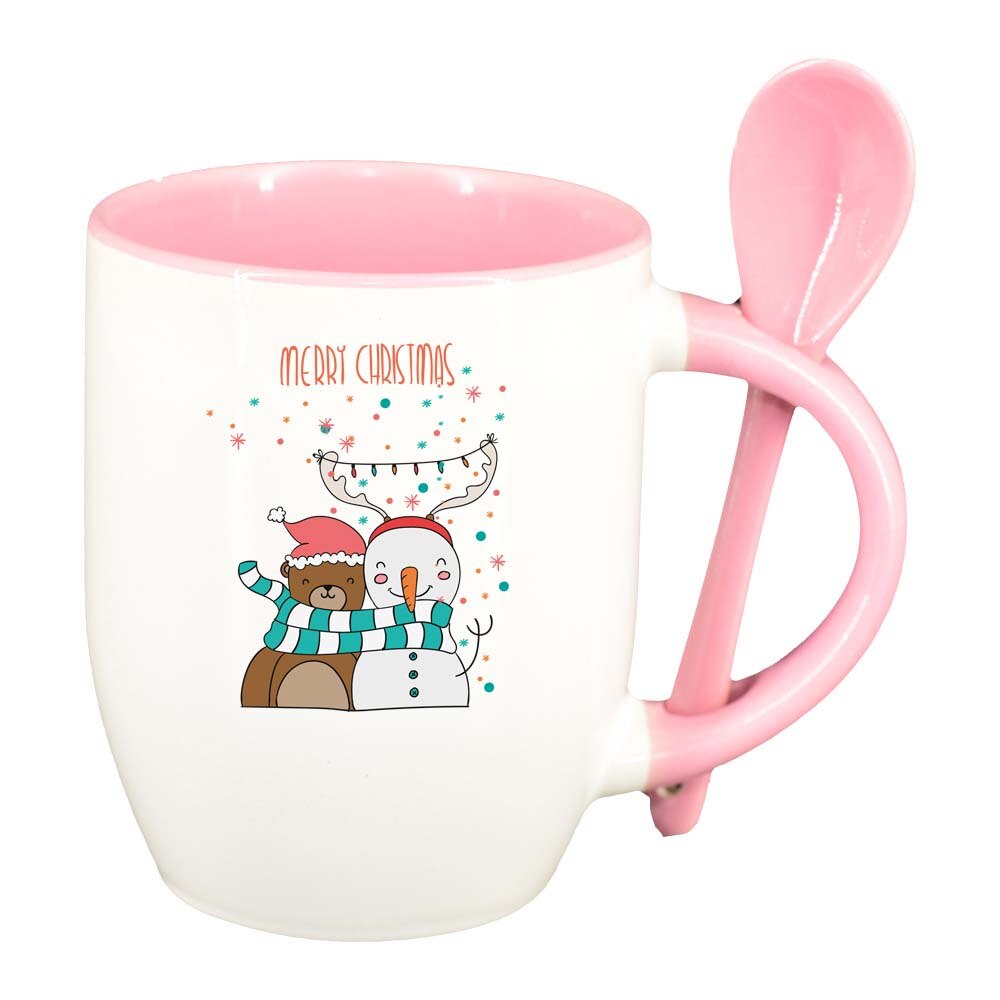 Cana Craciun Fericit / Merry Christmas cu lingurita, interior roz, 330ml, D1545