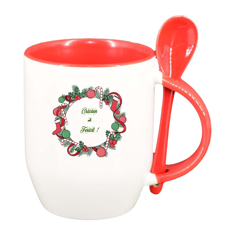 Cana Craciun Fericit / Merry Christmas cu lingurita, interior rosu, 330ml, D1547
