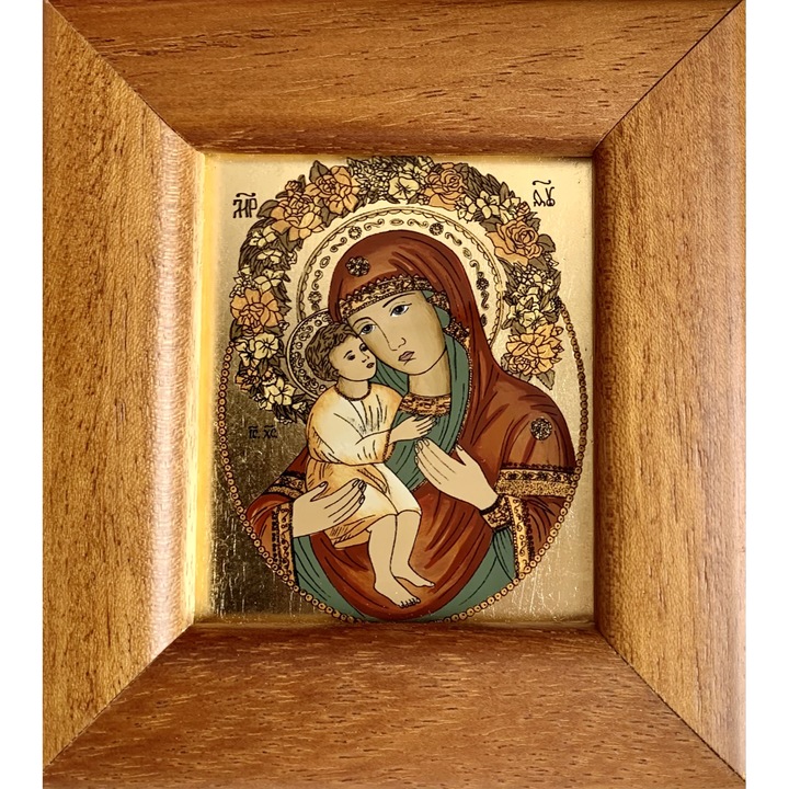 Icoana pictata manual pe sticla ,Fecioara Maria cu pruncul, 12x 11 cm
