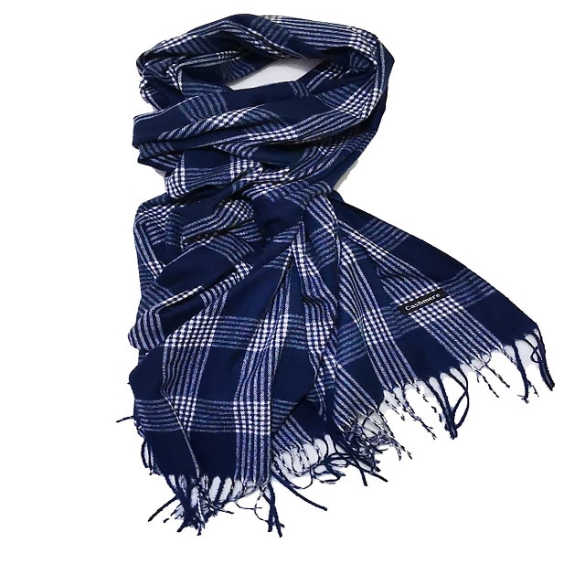 Esarfa casmir tip fular, din casmir, cu carouri bleumarin cu alb, 180x70 cm