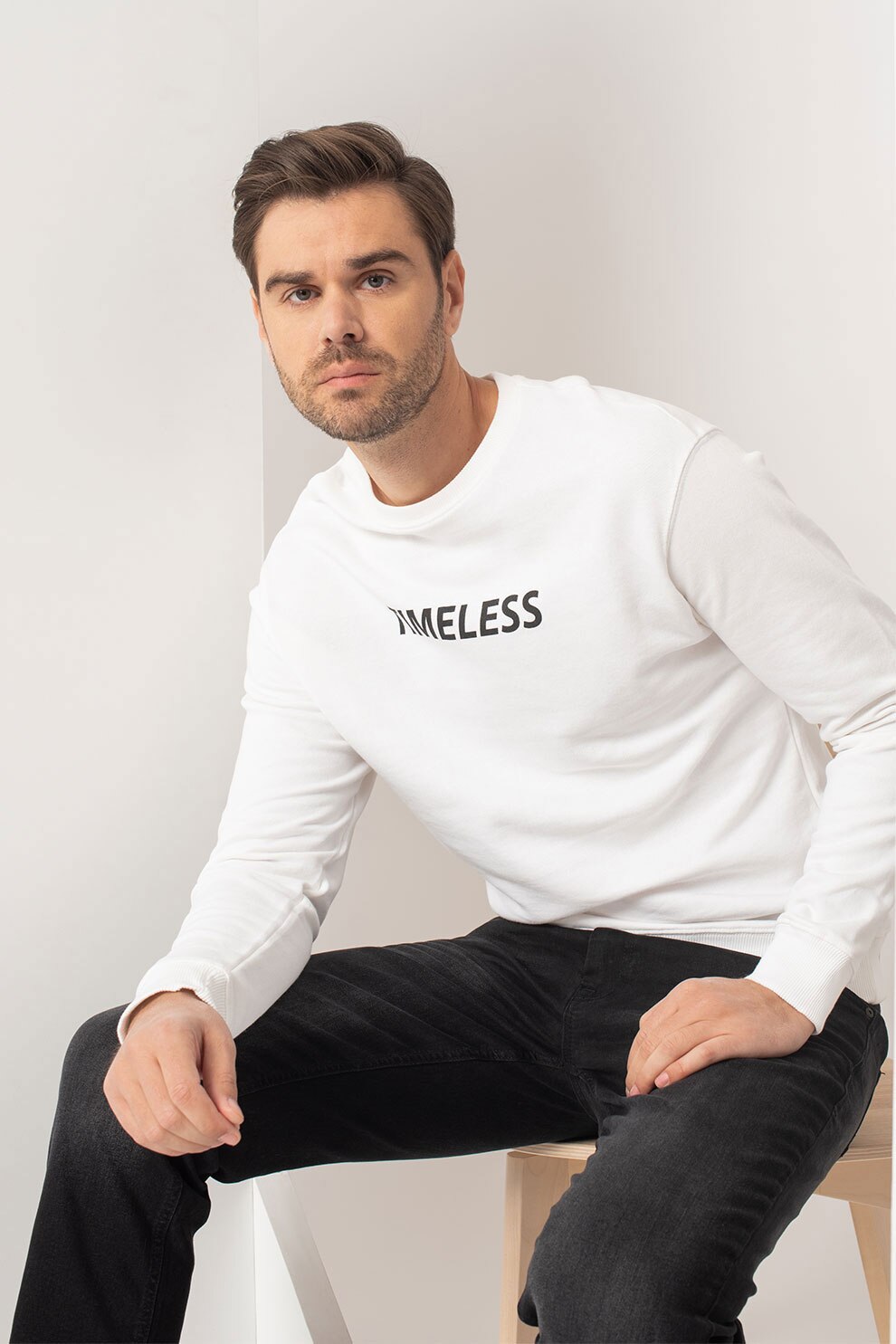 BLEND, Bluza sport de bumbac organic cu imprimeu text, Alb/Negru, XL