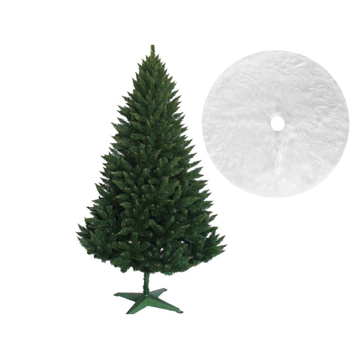 Brad artificial de Craciun,Des cu Ramuri Ascutite Verde Montana 180 cm cu suport Si Covor rotund din blana artificiala, diametru 122 cm, alb
