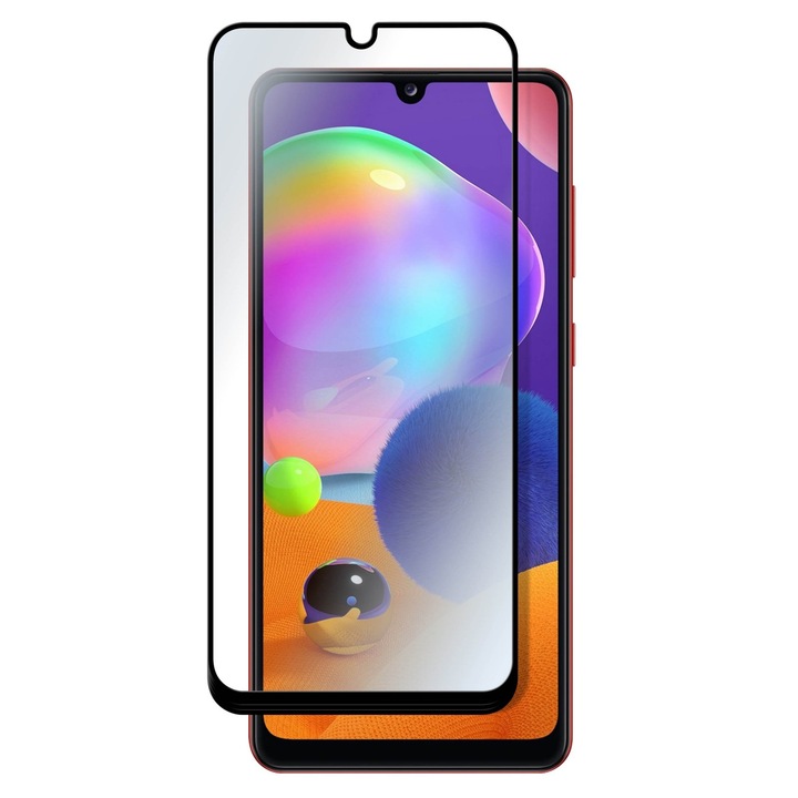 Biztonságos üvegfólia kompatibilis: SAMSUNG Galaxy A31, 3D fekete, TELJES KÉPERNYŐ, edzett üveg, ütésálló, fordítva