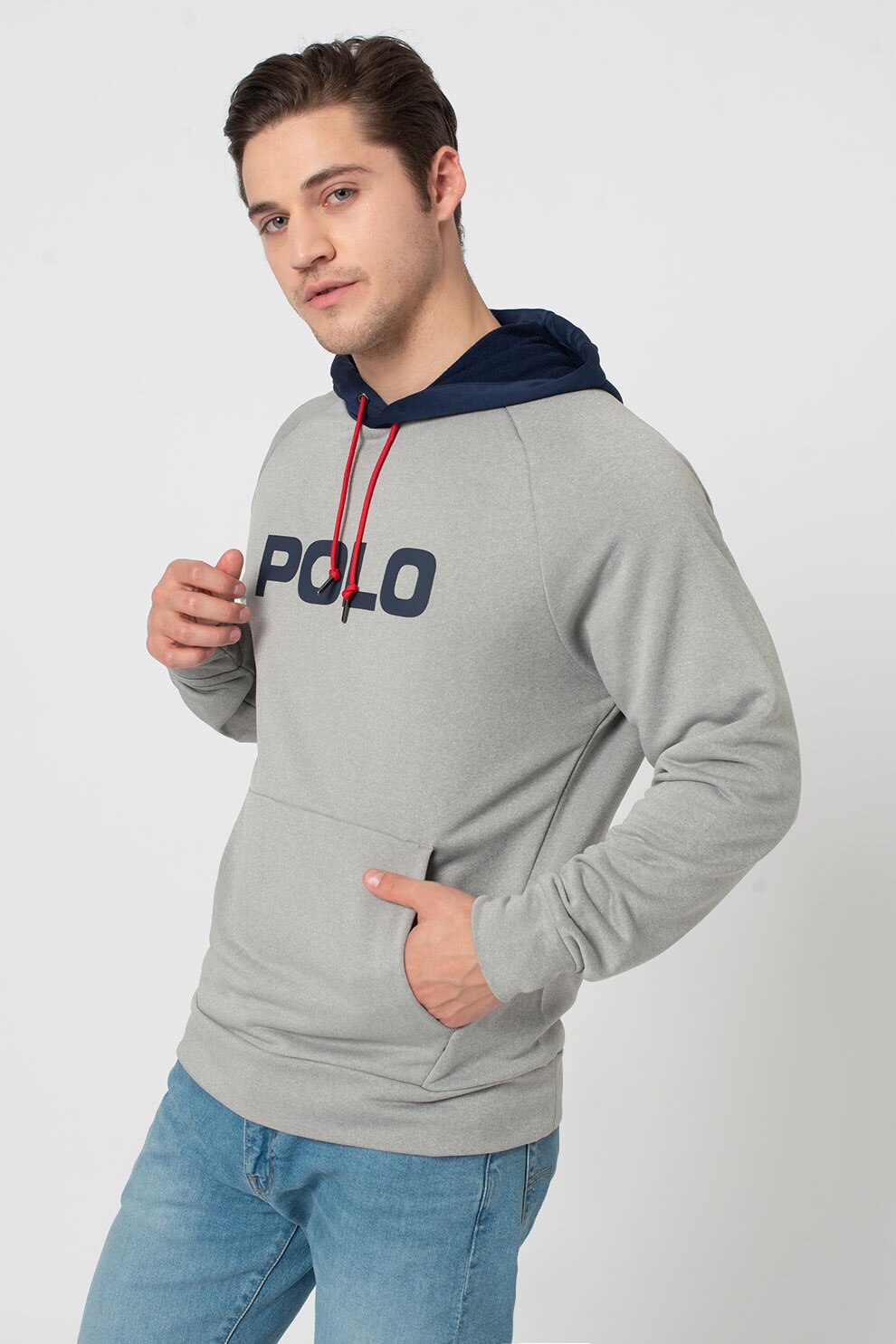 Polo Ralph Lauren, Hanorac cu imprimeu si buzunar kangaroo, Gri/Bleumarin