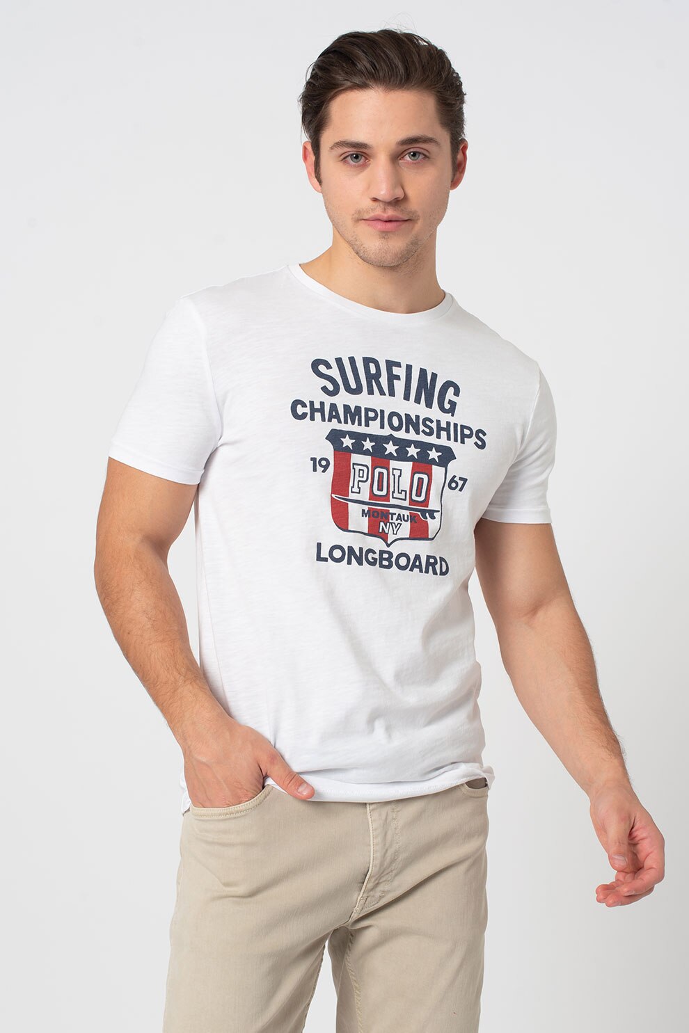 Polo Ralph Lauren, Tricou slim fit cu imprimeu text, Alb/Bleumarin inchis/Rosu inchis