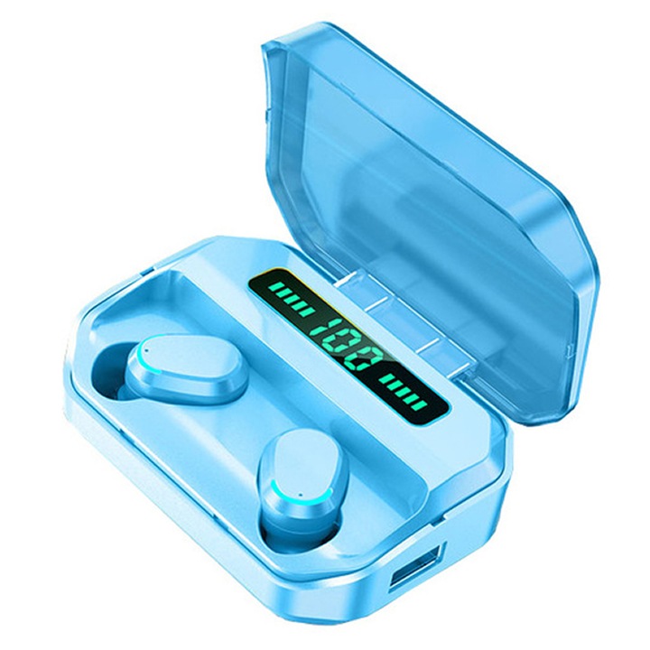 Casti wireless pentru iPhone/ Xiaomi/ Samsung/ Huawei, Bluetooth 5.0, M8, TWS, Sport, Display digital, Albastru