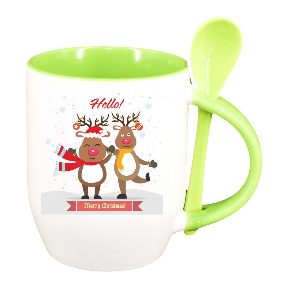 Cana Craciun Fericit / Merry Christmas cu lingurita, interior verde deschis, 330ml, D1536