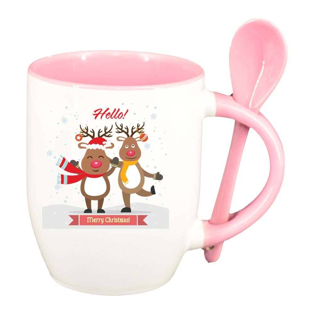 Cana Craciun Fericit / Merry Christmas cu lingurita, interior roz, 330ml, D1536