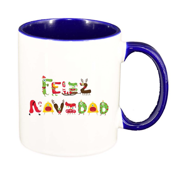 Cana Craciun Fericit / Merry Christmas, interior albastru inchis, 330ml, D1539