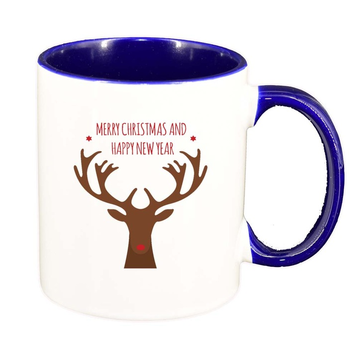Cana Craciun Fericit / Merry Christmas, interior albastru inchis, 330ml, D1543